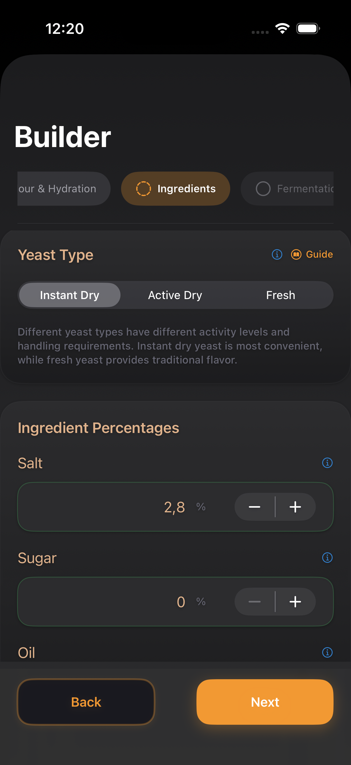 Ingredient Calculator showing precise baker's percentages and scaling
