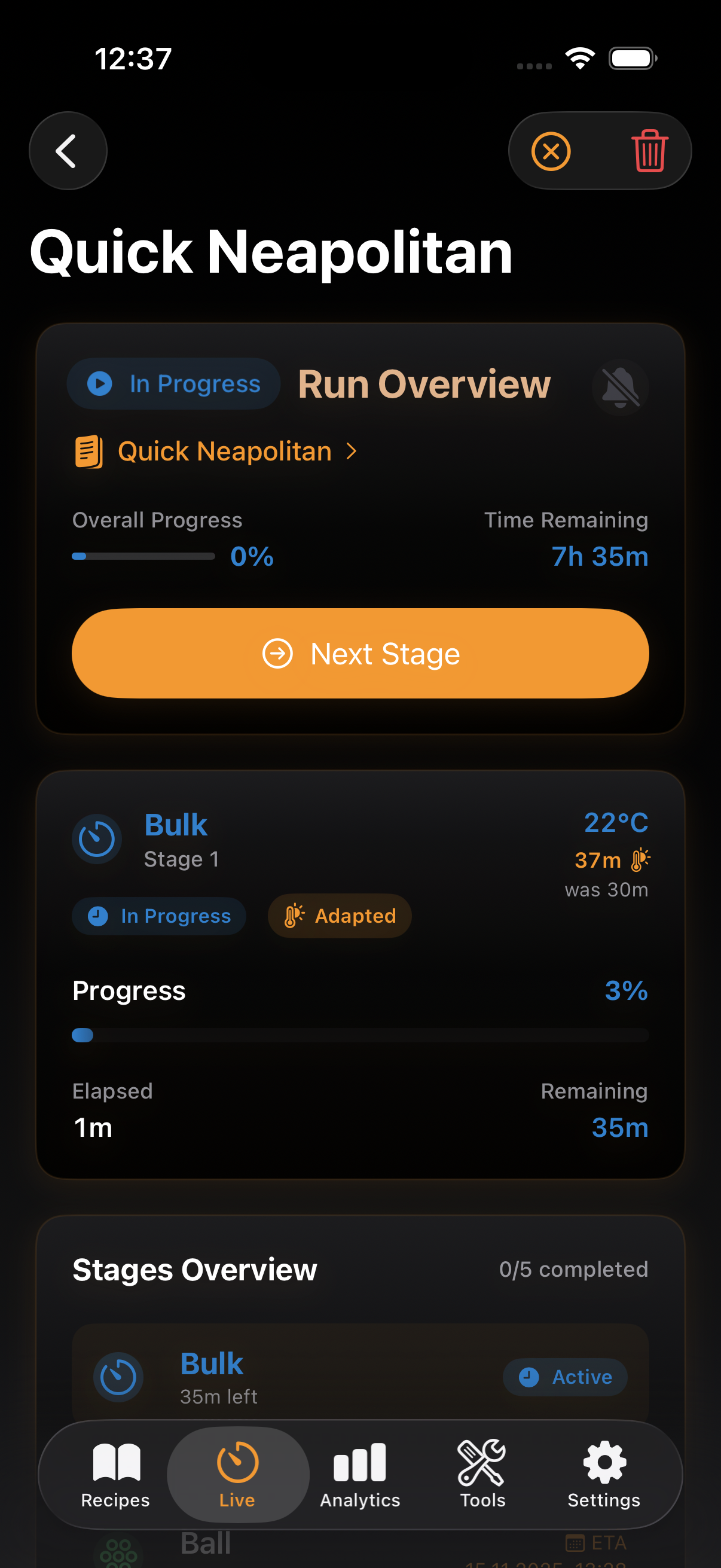 Fermentation Stages showing visual countdown and transitions