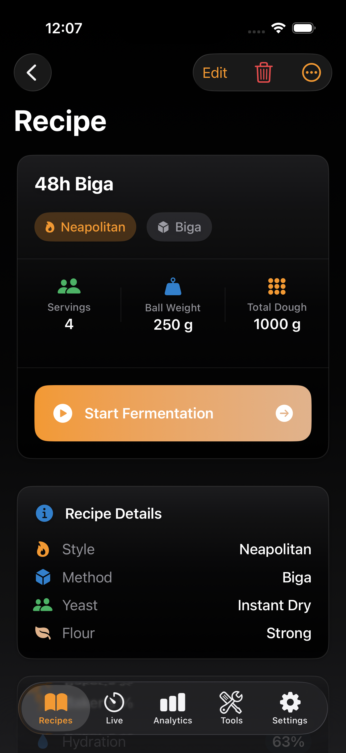 Recipe View showing detailed recipe information