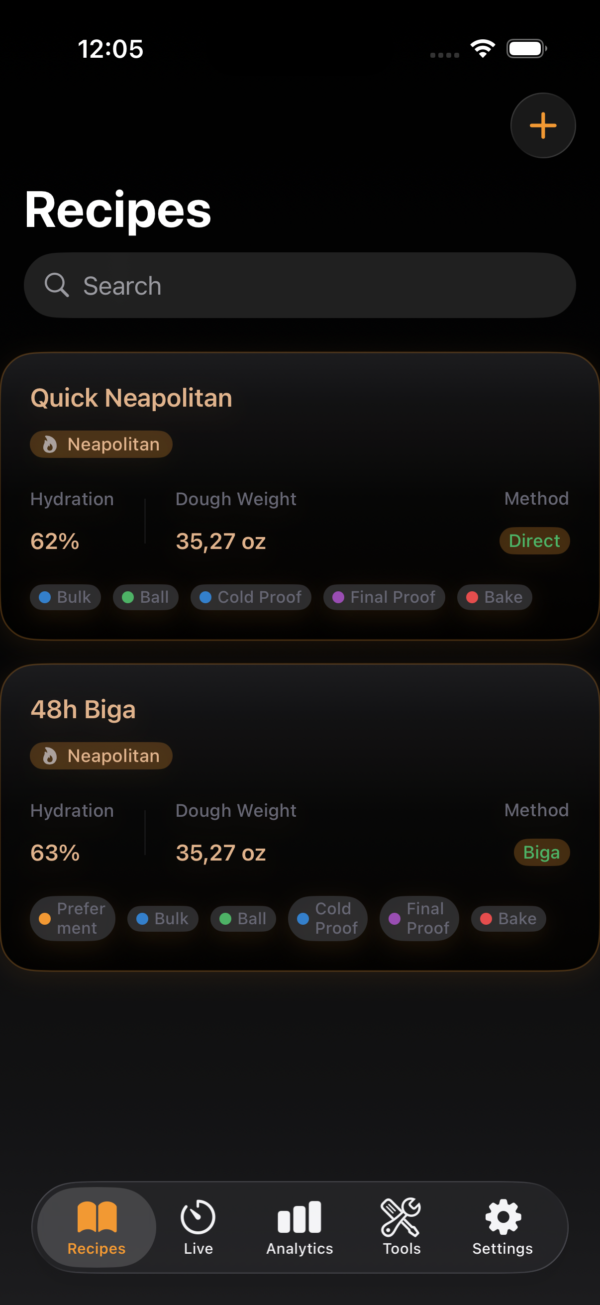 Recipe list view showing organized pizza recipes