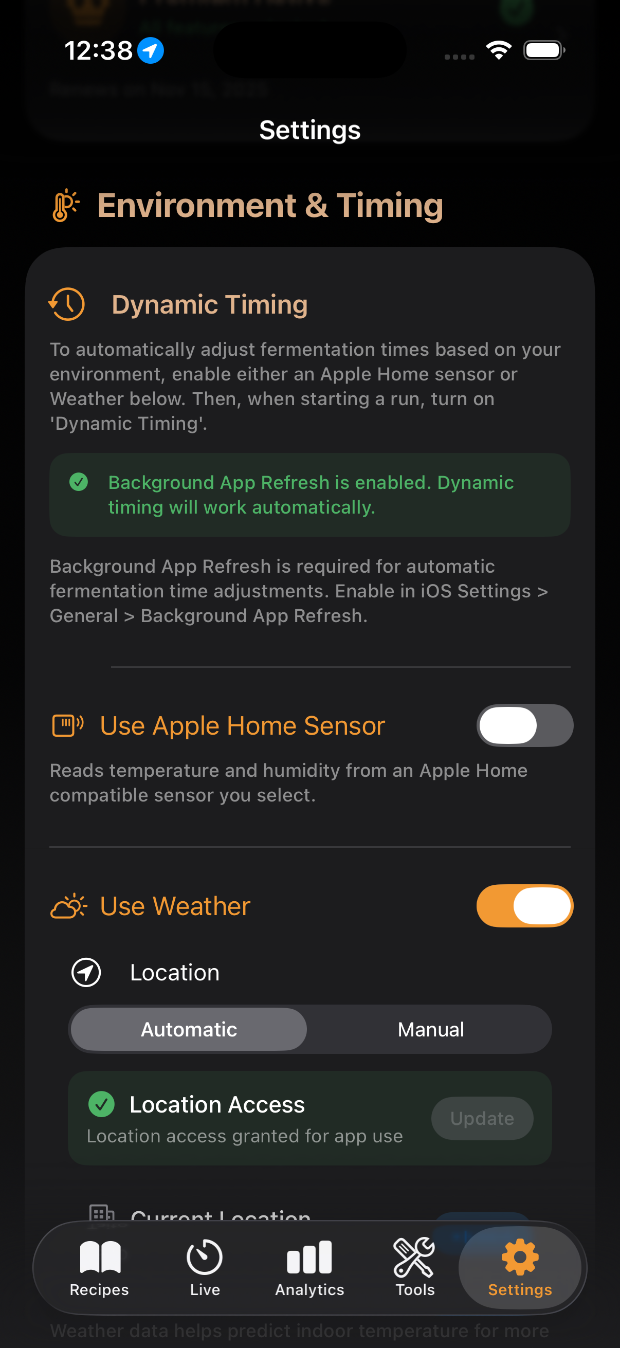 App settings with environment and notification controls
